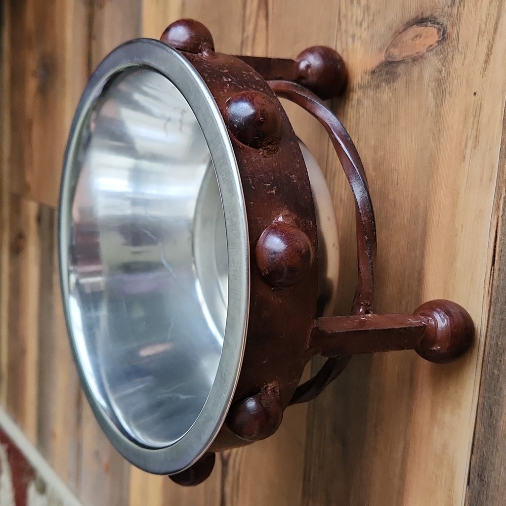 Rasied food bowl for small or medium-sized dogs.